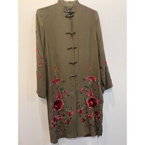 Sue Wong 100% Silk Olive Green Embroidered Flowers Kimono Duster Tunic Lined